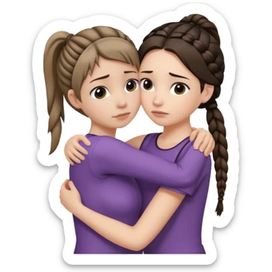 Comforting Hug two white skin women, one shorter woman with medium brown simple top ponytail, not braided, and one taller skinny sad face woman with a single long black side braid sticker