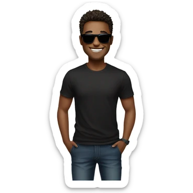 A man with short, tousled hair wearing sunglasses and a black t-shirt with a graphic design, smiling at the camera in a well-lit indoor setting. sticker