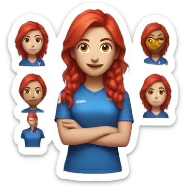 a female esports coach with red hair and blue shirt.  sticker