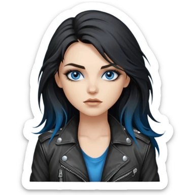 
 rockstar girl with long black disheveled hair, blue eyes, Smokey eyes grunge makeup, rocking  sticker