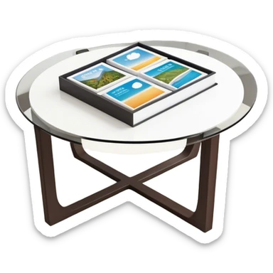 Travel brochures on a modern round coffee table  sticker