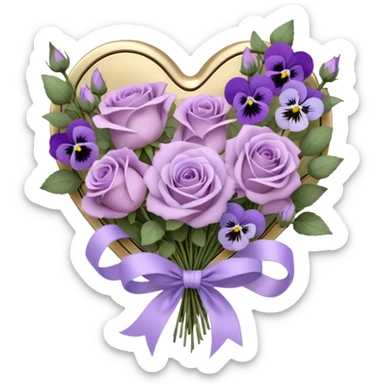 A vintage bouquet of wilted mauve roses, delicate violet pansies, and fragrant lavender sprigs is gently wrapped in soft lilac silk ribbons, tied into a loose, romantic bow, with a small heart-shaped locket resting among the petals, whispering secrets of a love long past sticker