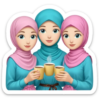 Turkish beautiful finish Konya three girls (friends) blue eyes with pink rose and turkis butter yellow hijab islamic dress and had on her hand turkish coffee   sticker