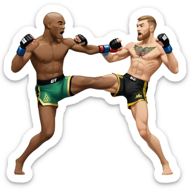 An MMA showdown between Conor McGregor and Anderson Silva in the octagon. McGregor is preparing a striking kick, while Silva is in a defensive stance. The background features the UFC octagon with cheering fans and intense energy. Transparent background  sticker
