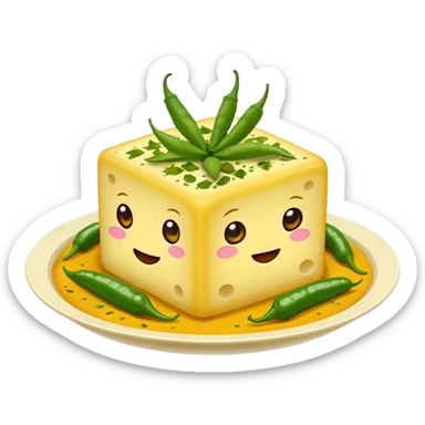khaman dhokla, soft yellow squares, topped with green chilies and curry leaves, emoji style sticker
