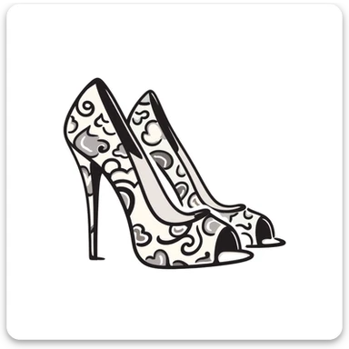 a pair of women's high heel shoes with elegant details, pastel colors dd9fb0, ffc6d3, a3bfc9, c4bee2, f1b091, detailed hand-drawn doodle style sticker
