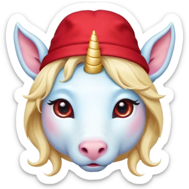 unicorn face cute wearing cute red hat, horn piercing through the hat looking in the camera, blond hair and spectacled sticker