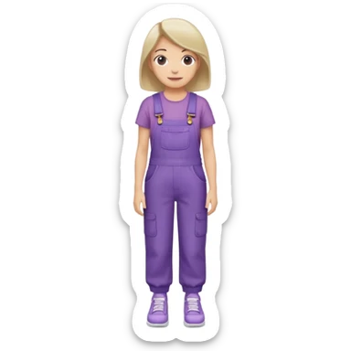 A woman emoji wearing purple overalls, with a neutral or slight smile, simple design, and casual style with white shoes sticker