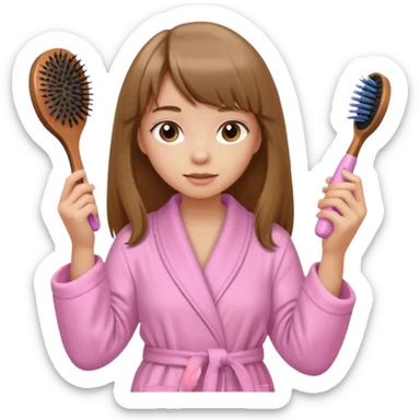 a girl with light skin and medium brown long hair with bangs who is brushing her hair with a hairbrush and she is wearing a light pink bathrobe sticker