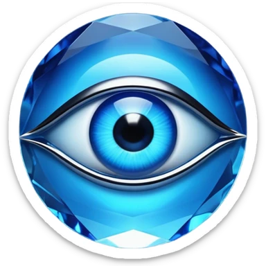 Cinematic Realistic image of a glass Evil Eye blue stone, rendered with translucent, luminous blue hues and finely cut facets that catch soft reflective light, set against a dark, minimalist backdrop to emphasize its mystical allure. sticker