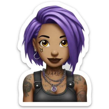 Woman with lots of tattoos abd piercings, wearing a metal band shirt, purple hair sticker