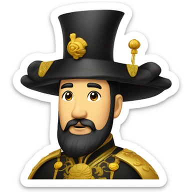 The Chinese emperor,with black hair and black beard,wore a high black golden hat  sticker