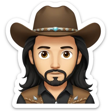 Cowboy with black long wavy hair, brown eyes, tan skin and light black goatee black shirt sticker