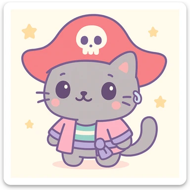 Male pirate cat in kawaii style with an oversized red hat, cute face, gray fur, and a silver earring. sticker