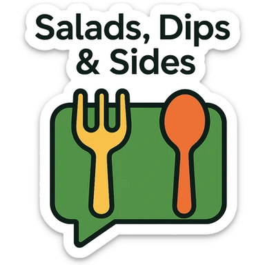 Add the title 'Salads, Dips & Sides' in a clean, modern font above the green playful logo with chat bubble and utensils on the cookbook background. Keep the text readable and harmonious with the design. sticker