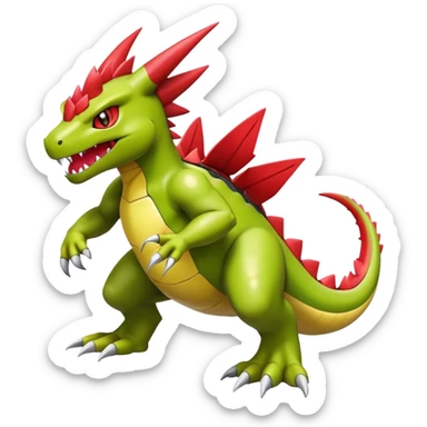 Cool cute shiny futuristic Guilmon-Flygon-Tyranitar-Digimon-hybrid-fusion, yellow belly, full body sticker