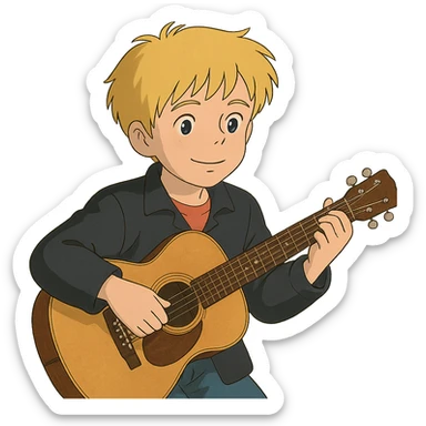 young blonde boy in a black jacket playing a guitar in ghibli style sticker