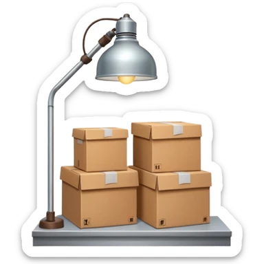 front view of a warehouse shelf with packages and a single round lamp on top sticker