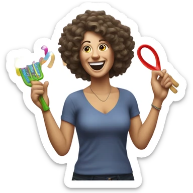40-year-old white woman woman partying dizzyingly, with frizzy hair and party tools  sticker