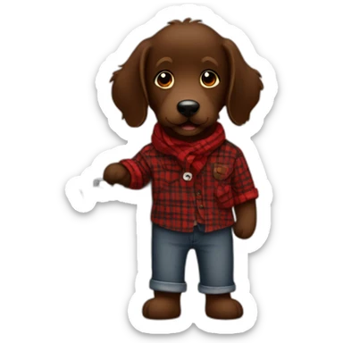 Chocolate colored doodle wearing a red and black flannel handkerchief with a carryon suitcase sticker