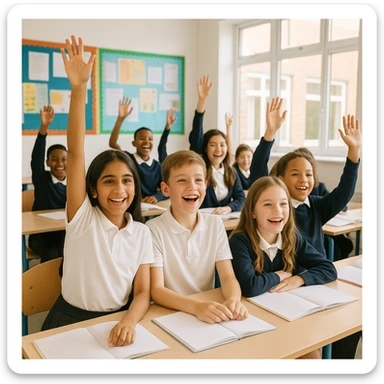 group of students in school uniforms, both genders, enthusiastically raising hands in class, lively and interactive environment sticker