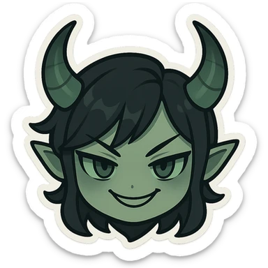 devil emoji in chibi style with gothic palette black and green, elegant horns, sinister smile sticker