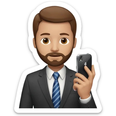 Escribano hombre con un poco de barba,  de traje con tez clara pelo color castaño, vestido con traje camisa y corbata y celular en mano .  sticker