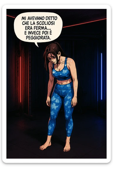 fai questa immagine in versione fumetto/manga/webtoon a colori, il manga mostra la donna disperata con un fumetto sulla testa che dice:
Mi avevano detto che la scoliosi era ferma… e invece poi è peggiorata.
 sticker