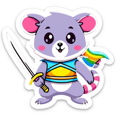 A cute pastel colored possum warrior holding a gleaming sword, with rainbow fur, sparkly eyes, and colorful stars around sticker