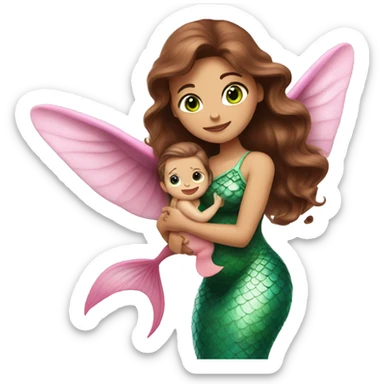 A brown-haired woman with green eyes as a pink mermaid with wings, holding a baby. sticker