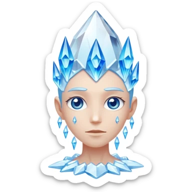 A single crystal character inspired by a clear quartz cluster, amorph base with many tall transparent crystal spikes growing upward all around it with a face sticker