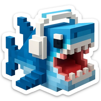 voxel style shark with white headphones, open mouth, blocky, blue and silver, no background sticker