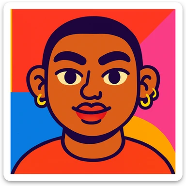 cute cartoon avatar of a person with a round face, big eyebrows, full lips, almond skin tone, wearing a nose pin and three ear piercings sticker