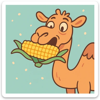 camel eating corn on the cob, pastel toon cartoon style sticker