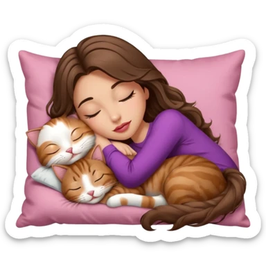girl with long wavy brown hair, brown eyes, long lashes makeup, sexy pink lips, light to medium complexion,  sleeping on a cozy pillow, with brown tabby cat, sleeping sticker