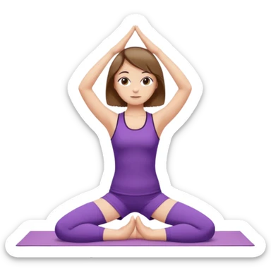 Девушка с короткими волосами до плеч русого цвета, с черными бровями, карие глаза, у неё фиолетовый спортивный костюм с топиком и шортами и белые носки, она занимается йогой в позе бибаласана (поза кошки) sticker