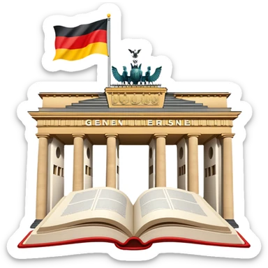 An icon featuring the Brandenburg Gate and the big flag of Germany, symbolizing the German language. The design includes an open book with German text representing language learning and German culture. Transparent background highlights the essence of German heritage. sticker