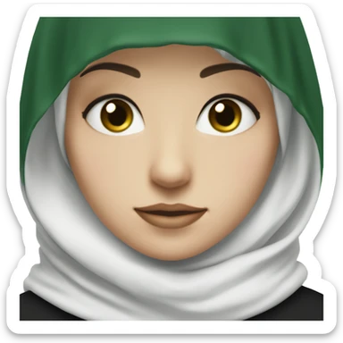 A pale girl with a black shayla hijab, and a white undercap. She has green eyes sticker