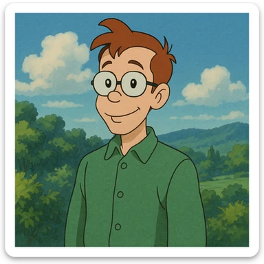 Carl Chryniszzswics from Johnny Bravo, nerdy best friend with glasses, green shirt, in Ghibli art style sticker