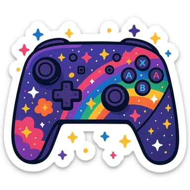 Nintendo Switch Pro controller with a purple rainbow galaxy theme, vibrant cosmic colors, stars and nebulae, visually striking and playful sticker