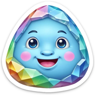 A single pastel rainbow crystal rock character, chubby and heavy with a chunky, irregular polygon shape, not egg-shaped, covered in faceted crystal planes and small chips, soft blue face carved into the rock, big glossy rainbow eyes and a small smiling mout sticker