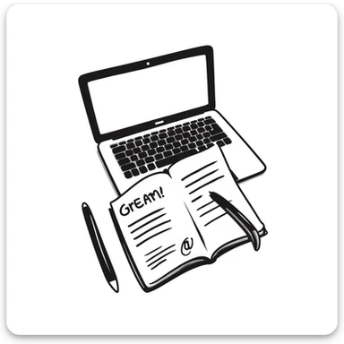 top view of a MacBook and a notebook with a pen nearby, notebook with visible notes sticker