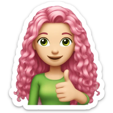 light-skinned green-eyed girl with long pink hair shows thumbs up sticker