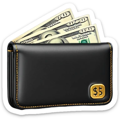 Rich emoji style black leather wallet with dollar bills, luxury money vibe, premium 3D emoji, ultra clean, high detail, no background sticker