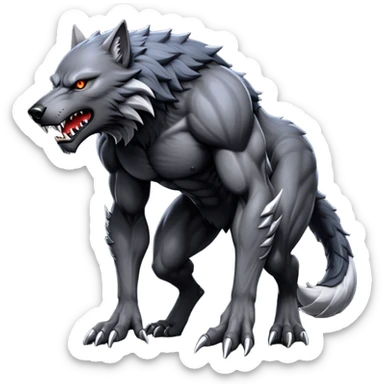 cinematic-noble-fierce-werewolf-full body on all fours-emoji, poised-and-imposing, with a tall, lean, and muscular wolfish frame inspired by the brutal, imposing shape of the beast from Berserk, fur rippling in shades of midnight black and silver, massive paws with razor-sharp claws, elongated limbs and fangs, eyes glowing with an intense, primal ferocity, reflecting the untamed power of the wild moonlit night; rendered with realism like a wolf hunched over sticker