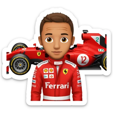 lewis hamilton en combinaison rouge ferrari devant sa f1 sticker