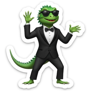 capitalist iguana banker in tuxedo and black sunglasses dancing sticker