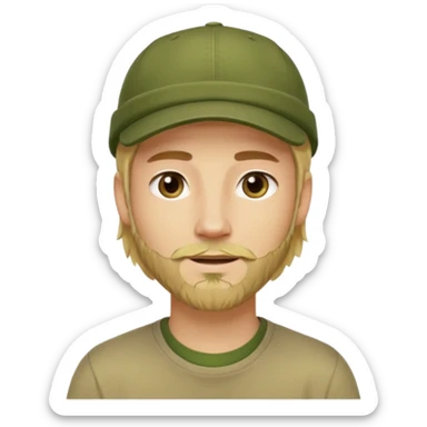 Apple emoji style young man with light skin, long blond hair, short stubble beard, dark eyes, olive green cap, friendly expression, clean shapes and soft gradients. sticker