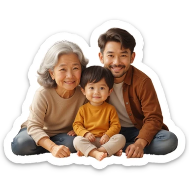 closeup shot of a multigenerational family (grandparents, parents, and child) with realistic facial features and warm lighting in skeuomorphism style sticker