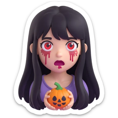 a zombie girl with black long hair and bangs, 3D emoji style, cute, expressive sticker